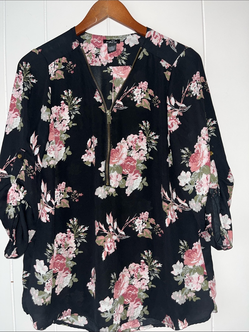 Mossimo Supply Co. Black Floral Zip-Front Blouse with Pink Blooms